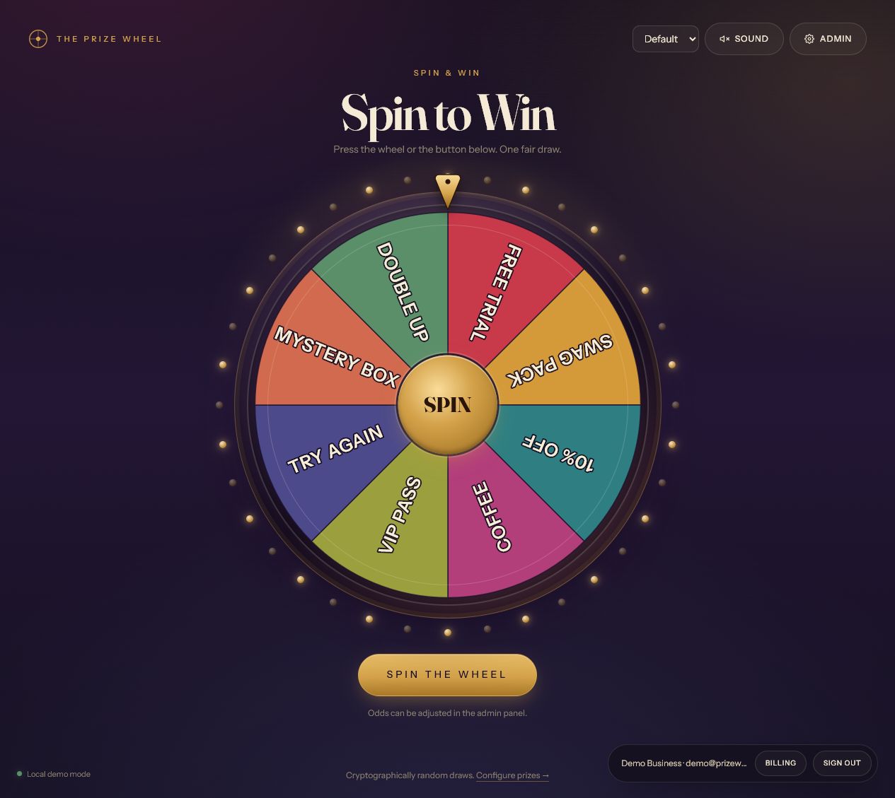 A customised gold and plum prize wheel with reward options